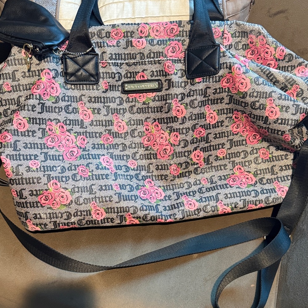 Juicy Couture Gray Logo Tote with Pink Rose Print